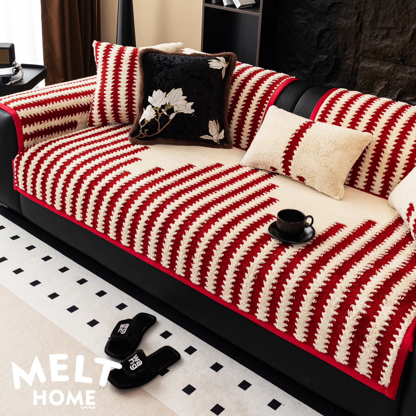 高档毛绒沙发垫秋冬盖布一片式红色高级感加厚直排皮沙发坐垫新款