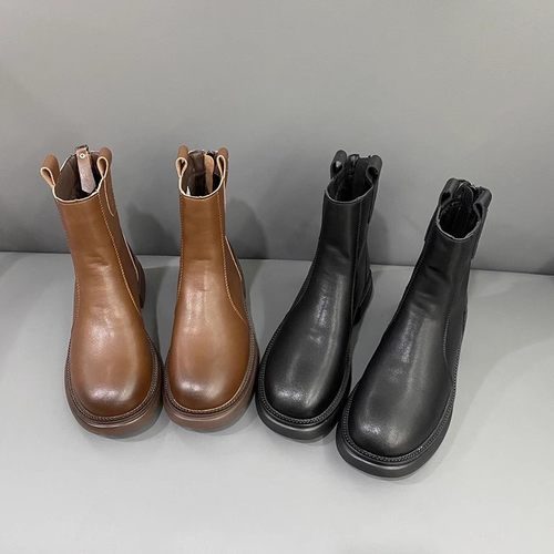 断码处理软底女鞋冬季复古真皮后拉链粗跟靴子马丁靴瘦瘦靴女短靴