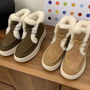 出口俄罗斯外单 裸靴休闲保暖女生短靴 牛反绒真皮马丁靴2024冬季