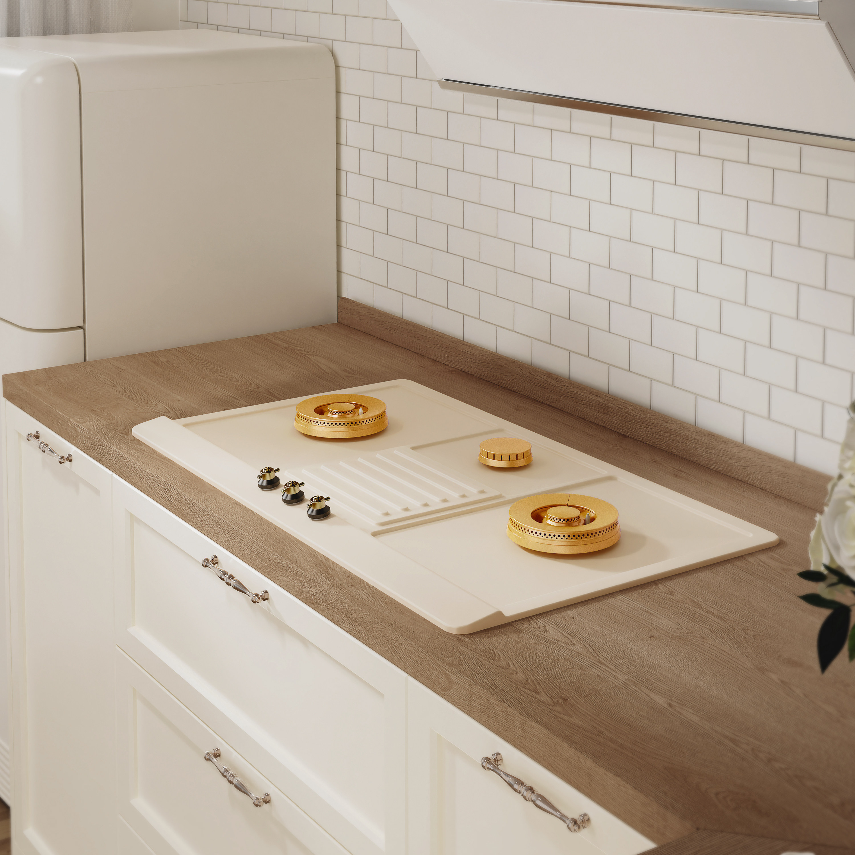 三眼燃气灶复古家用奶油白天然气嵌入式煤气灶三头不锈钢猛火灶具