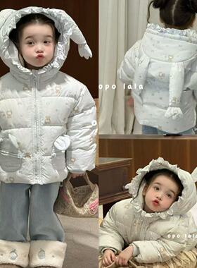 opolala25冬90-130女童小中童洋气可爱时尚印花卡通连帽羽绒服