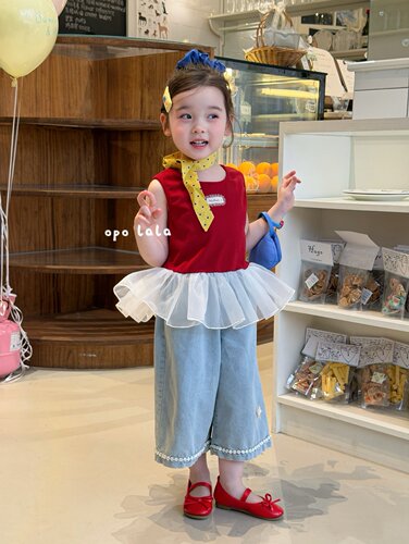 opolala正品90-130女童26夏韩版洋气可爱红色网纱背心牛仔长裤子