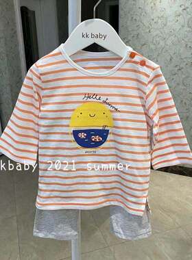 kkbaby韩国童装21夏男女童洋气舒适圆领可爱柔软条纹中袖中裤套装
