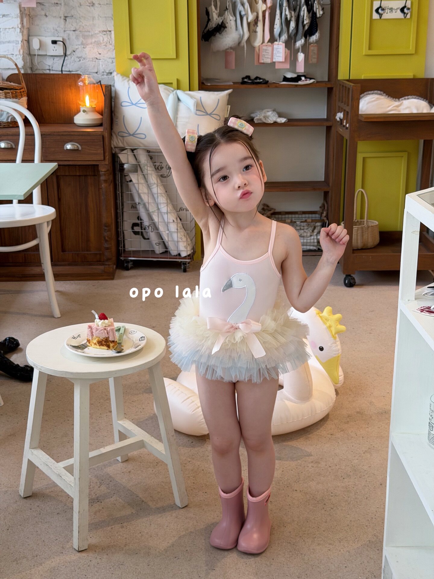 opolala正品90-130女童26夏韩版洋气可爱纱纱小天鹅连体游泳衣