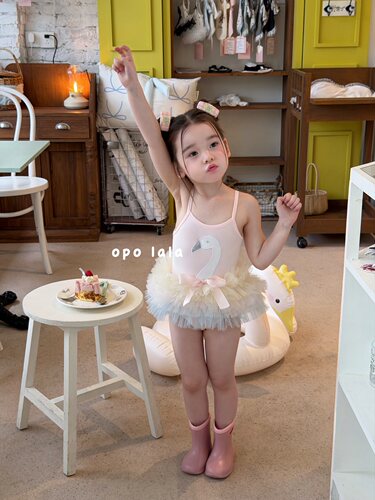 opolala正品90-130女童26夏韩版洋气可爱纱纱小天鹅连体游泳衣