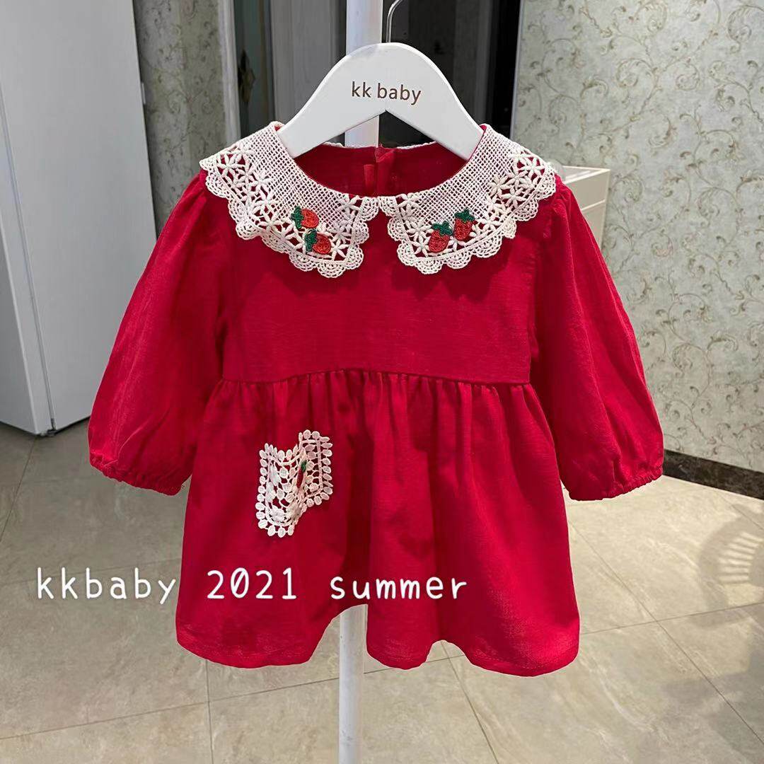 kkbaby韩国原单童装21春女童洋气时尚个性镂空翻领红色公主连衣裙