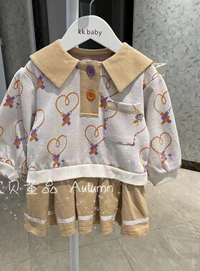 90-130小中童23秋韩国原单女童洋气可爱印花翻领长袖百褶连衣裙