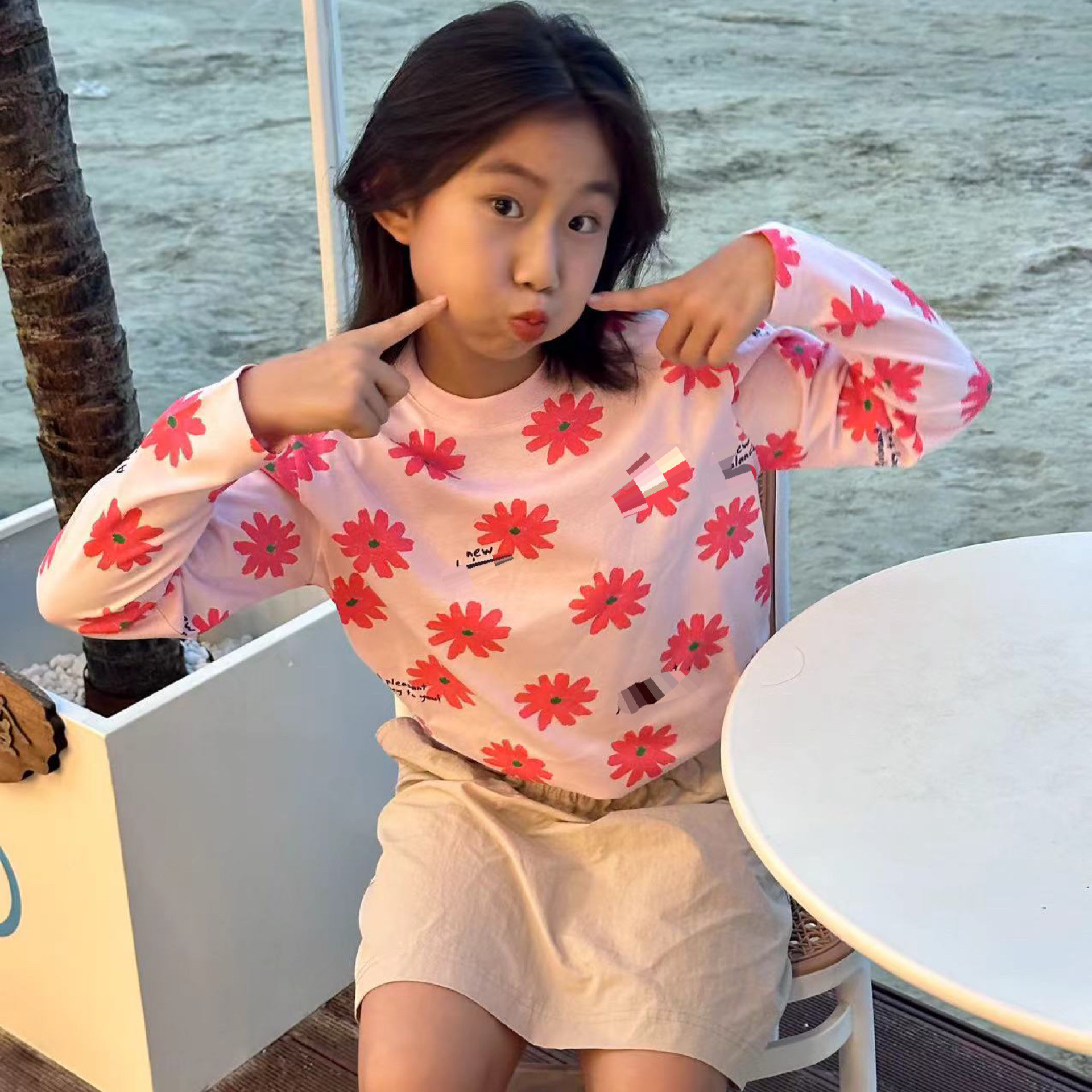 kkbaby2024秋季新款120-160码女童中大童粉色圆领满印花朵短袖T恤