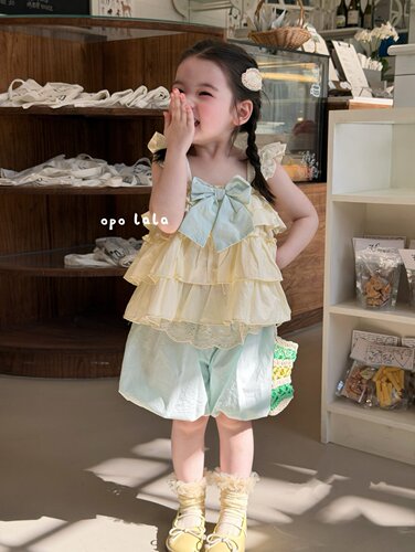 opolala正品90-130女童26夏韩版洋气可爱蝴蝶结吊带背心花苞短裤