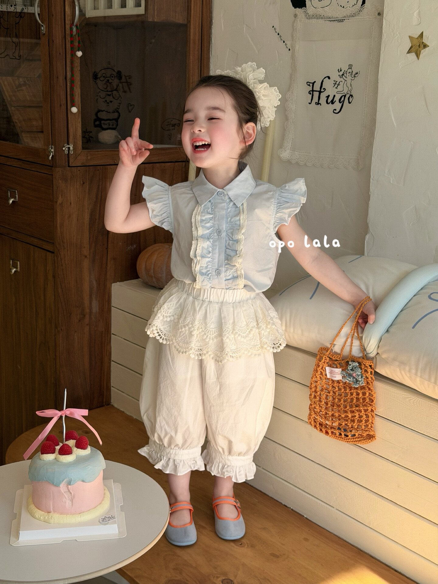 opolala正品90-130女童26夏韩版洋气娃娃领短袖花边屁帘灯笼裤子