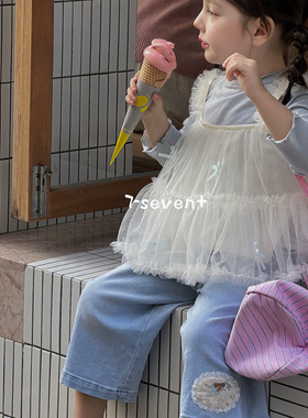 90-130女童小中童25春7seven韩版洋气打底衫吊带纱裙两件套牛仔裤