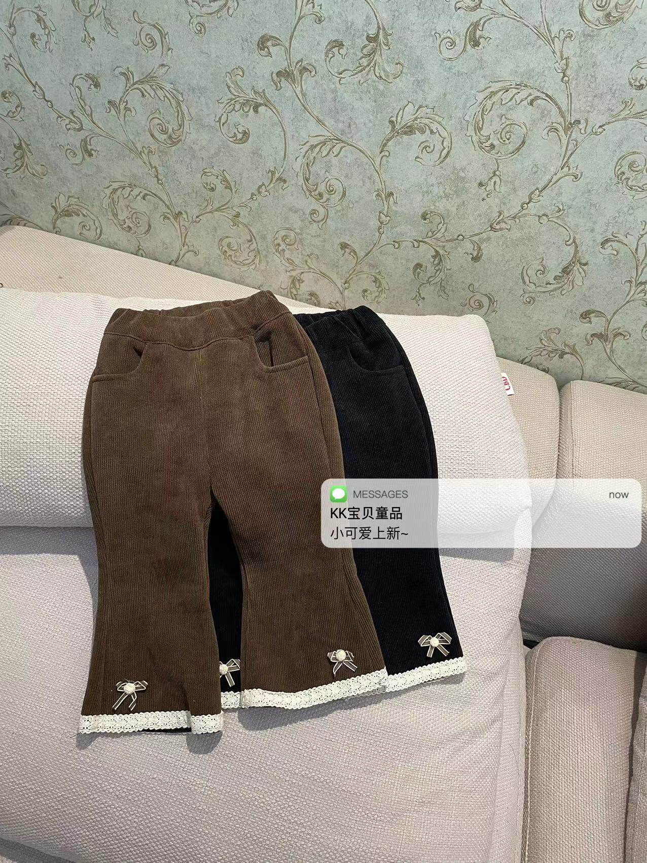 80-120小中童23冬女童洋气时尚可爱百搭花边蝴蝶结加绒加厚喇叭裤