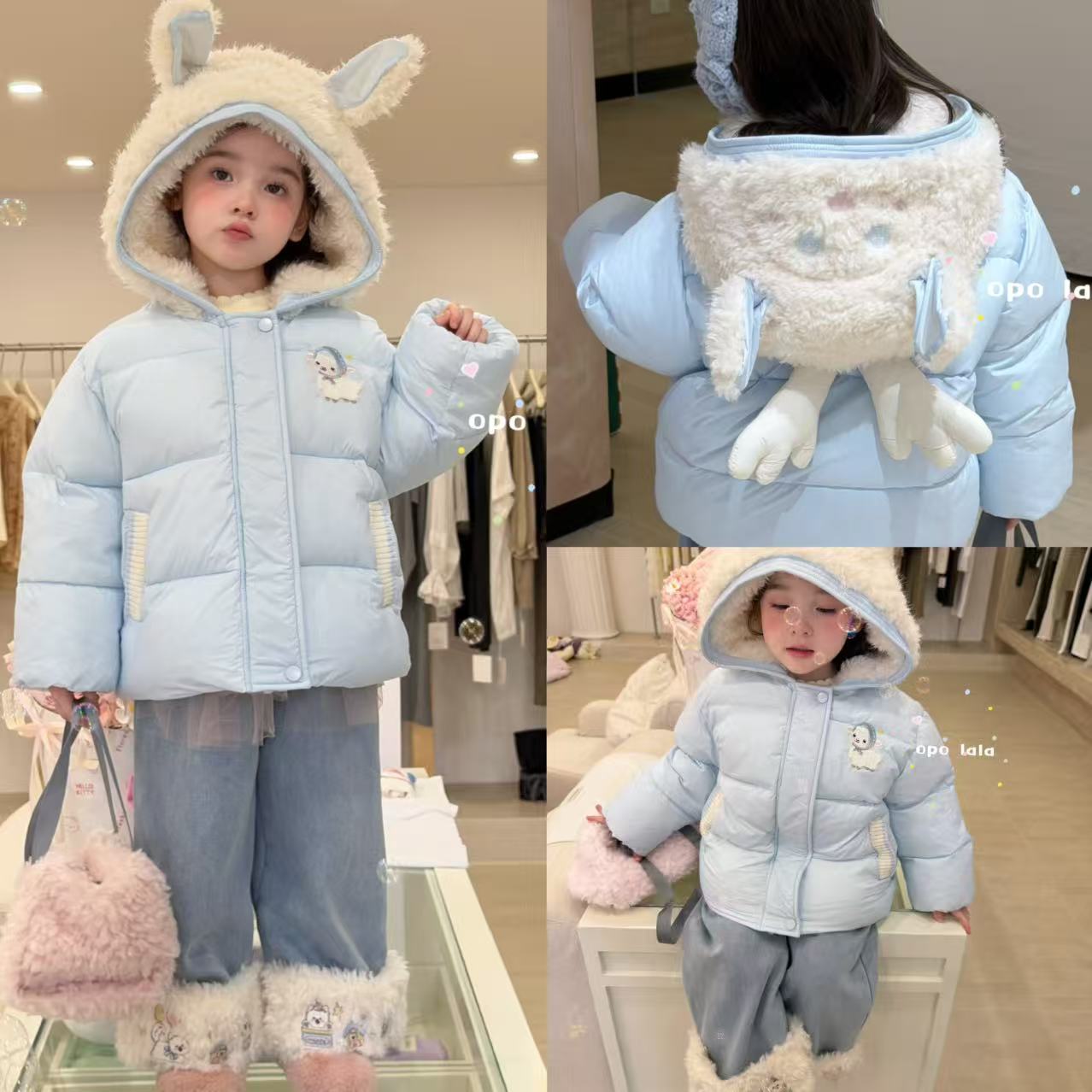 26冬女童连帽棉服加绒牛仔裤