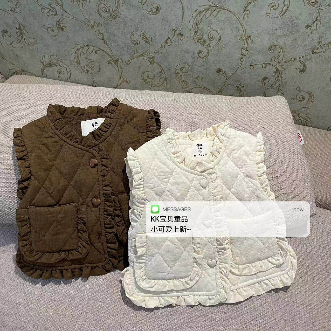 80-120小中童23冬女童洋气可爱时尚休闲百搭加绒花边纯色马甲背心
