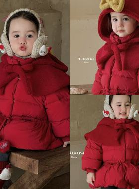 90-130女童25冬7seven小中童洋气可爱时尚红色连帽收腰羽绒服
