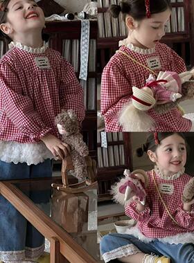 90-130女童25秋7seven韩版可爱时尚洋气百搭格子长袖上衣娃娃衫