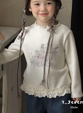 7seven90-130女童25秋冬洋气可爱韩版百搭白色印花卡通加绒打底衫