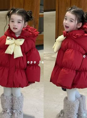 opolala25冬90-130女童小中童洋气可爱百搭红色蝴蝶结连帽羽绒服