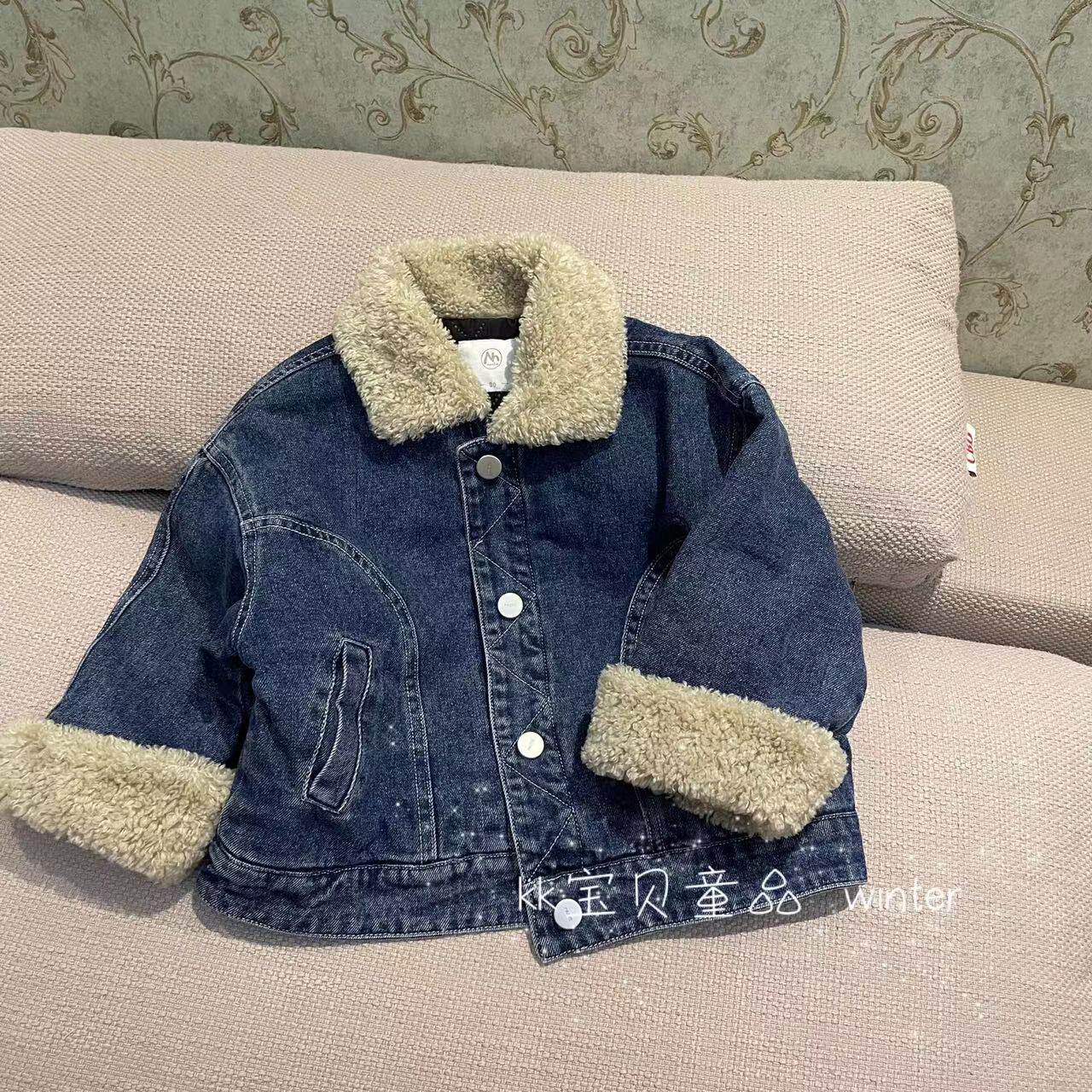 kkbaby韩版童装22冬男童女童洋气时尚夹棉加厚毛领休闲牛仔外套