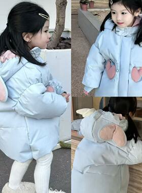 7seven25冬女童小中童洋气可爱时尚可爱百搭浅蓝色连帽爱心羽绒服