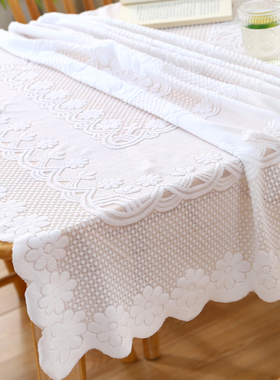 简约现代立体浮雕蕾丝桌布加厚百搭白色方圆桌长方形餐桌布茶几巾