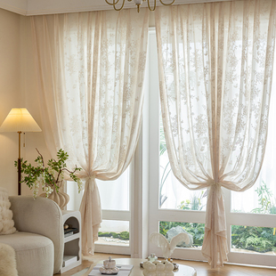法式 客厅遮阳挂钩窗帘纱 复古香槟色镂空蕾丝纱帘窗纱防晒隔热美式
