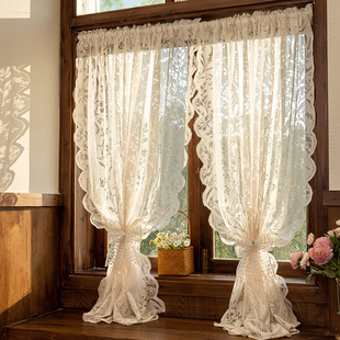 厨房卧室光影纱帘穿杆小窗帘半帘免打孔安装 蕾丝门帘隔断帘 法式
