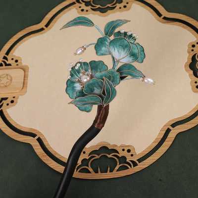 发簪檀木复古绒花发饰