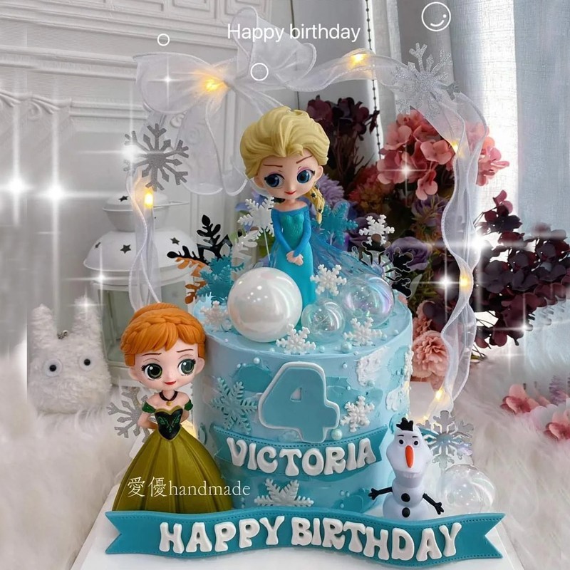 卡通女孩冰雪奇缘安娜公主绿色裙系城堡雪花爱莎公主蛋糕装饰摆件