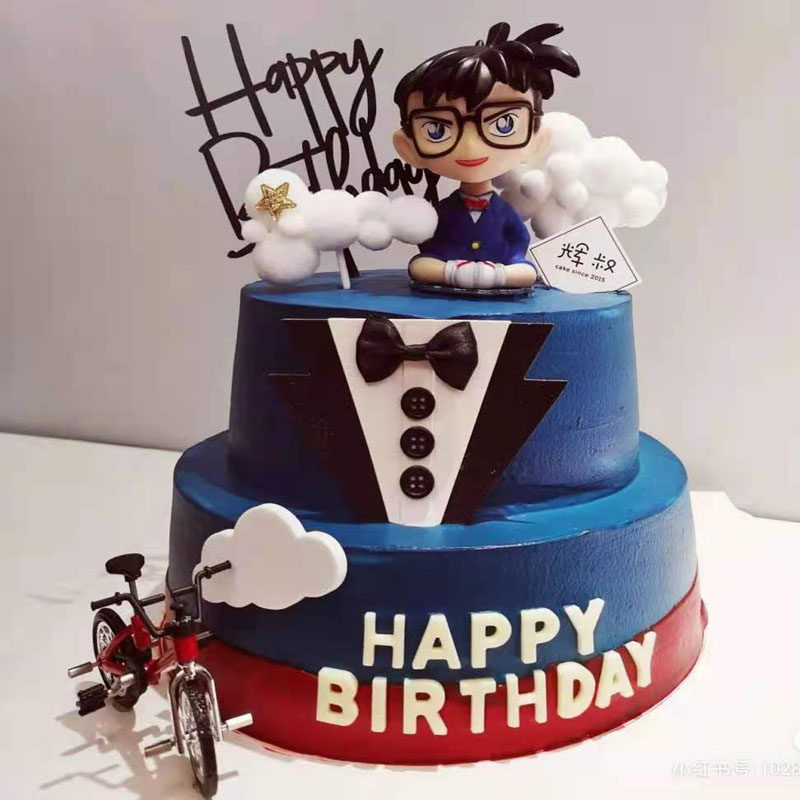 六一儿童节Q版科南男蛋糕摆件摇头科南柯南套餐单车公仔生日装饰