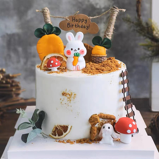 生日派对软胶萝卜小兔蘑菇满月一百天兔子宝宝生日甜品台蛋糕装 饰