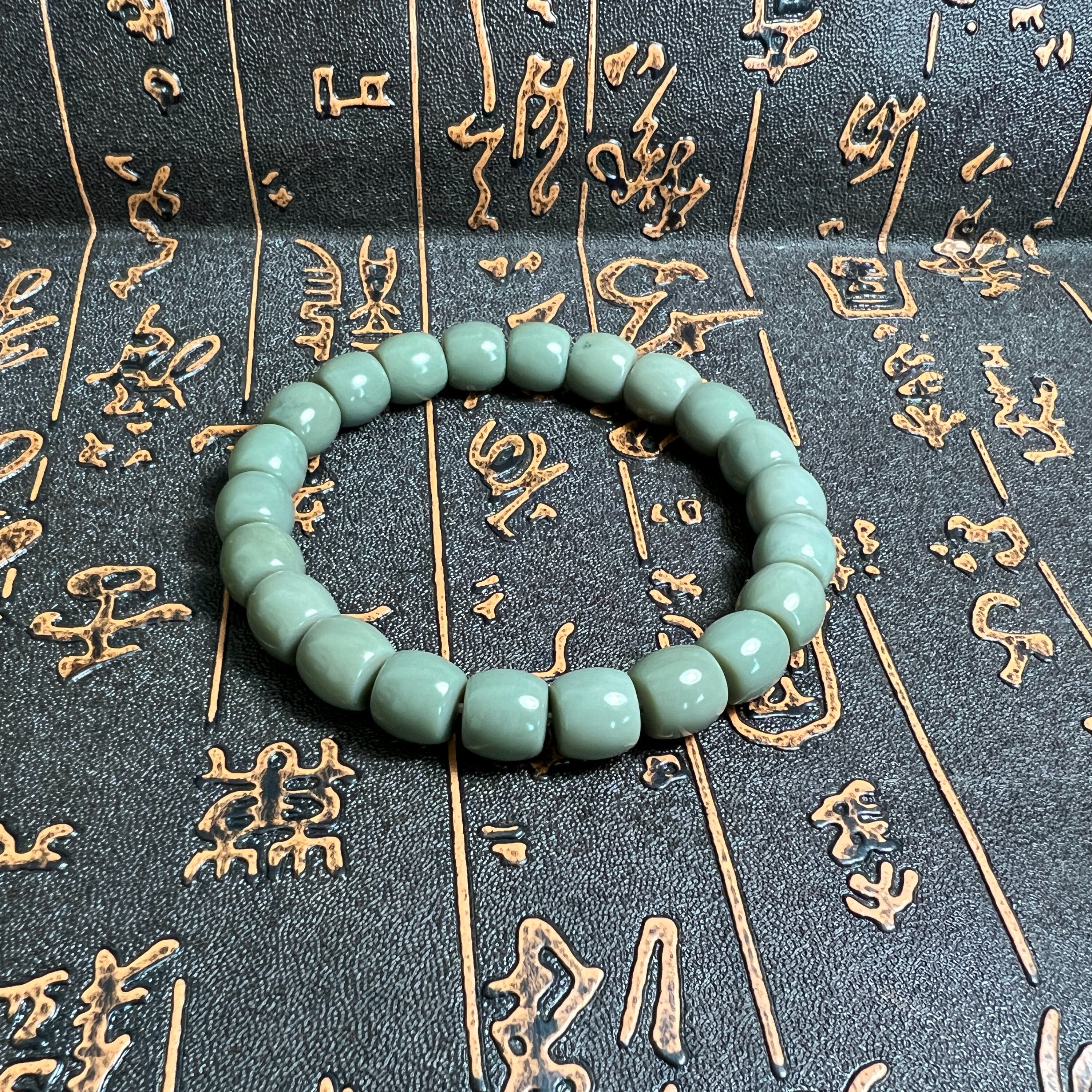 10mm新疆和田玉手串 天然沙枣青瓷蓝老型珠桶珠手串手链手持