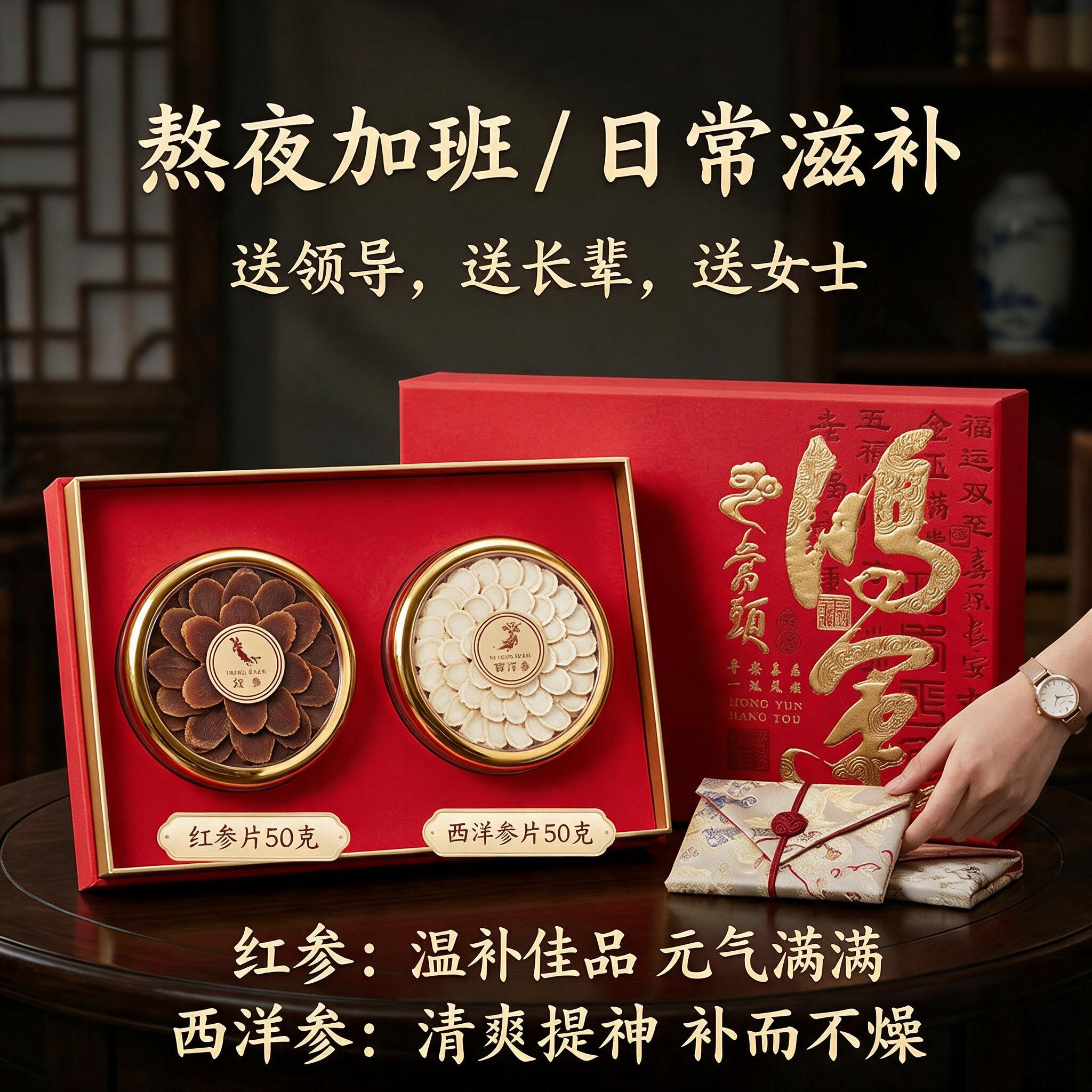 长白山红参片西洋参片双双拼礼盒