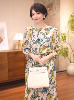 60319一珍珠重绉提花长袖连衣裙印花连衣裙女装裙子