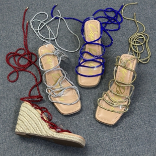 方头露趾水钻脚环系带罗马鞋 新款 女2024夏季 外贸出口麻绳坡跟凉鞋