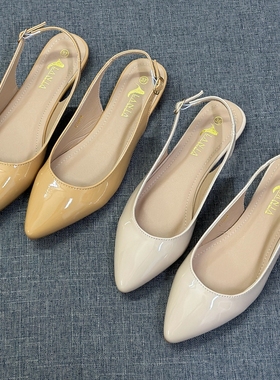 简约通勤法式包头凉鞋晚晚风一字带浅口后空百搭漆皮平底单鞋女秋