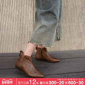 Artmu阿木原创复古尖头短靴女平底加绒2025新款 单靴真皮棕色靴子
