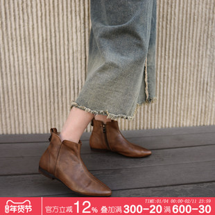 Artmu阿木原创复古尖头短靴女平底加绒2025新款单靴真皮棕色靴子