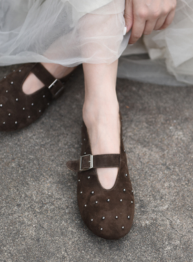 Artmu阿木原创羊猄铆钉玛丽珍鞋女真皮浅口单鞋中古美拉德平底鞋