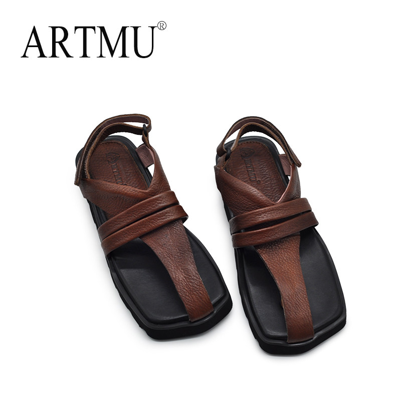 Artmu阿木原创复古夹趾凉鞋女款2025新款夏季头层牛皮平底罗马鞋
