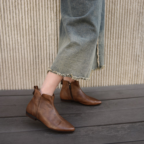 阿木尖头短靴女2025新款春秋单靴