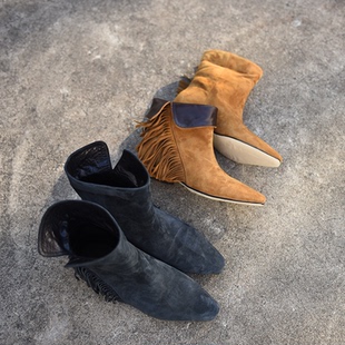 Artmu阿木原创韩系高定尖头流苏短靴翻领两穿粗跟单靴气质女靴子