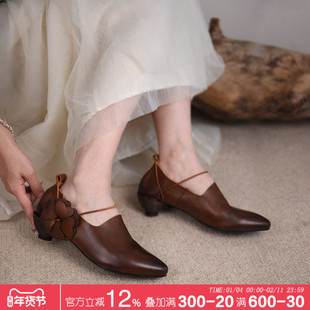 Artmu阿木原创复古真皮花朵尖头单鞋粗跟女鞋高跟鞋子2026新款