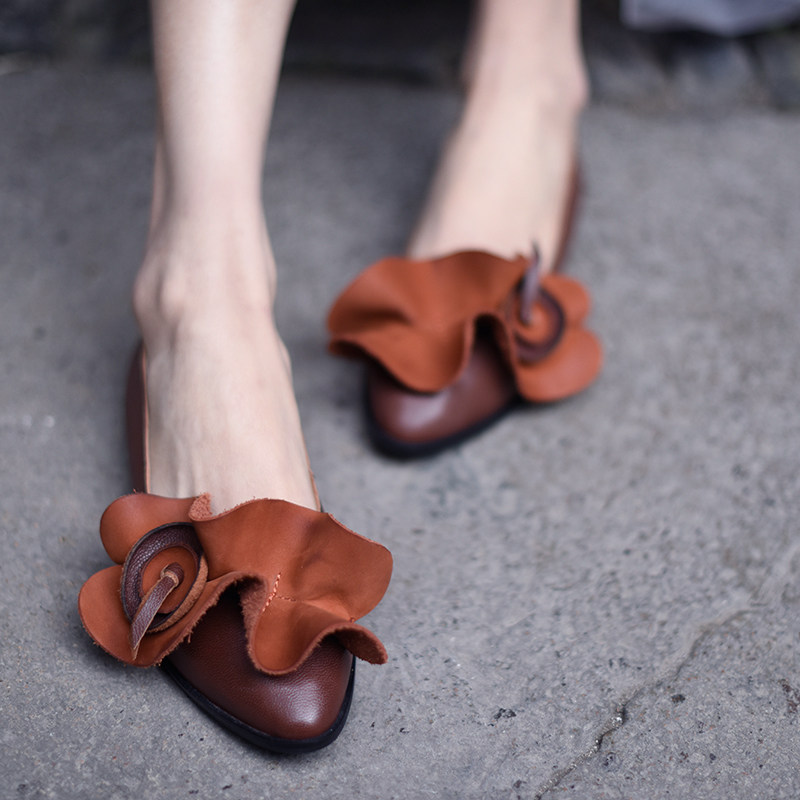 Artmu阿木原创复古森女花朵浅口单鞋尖头平底鞋真皮女鞋子软底鞋