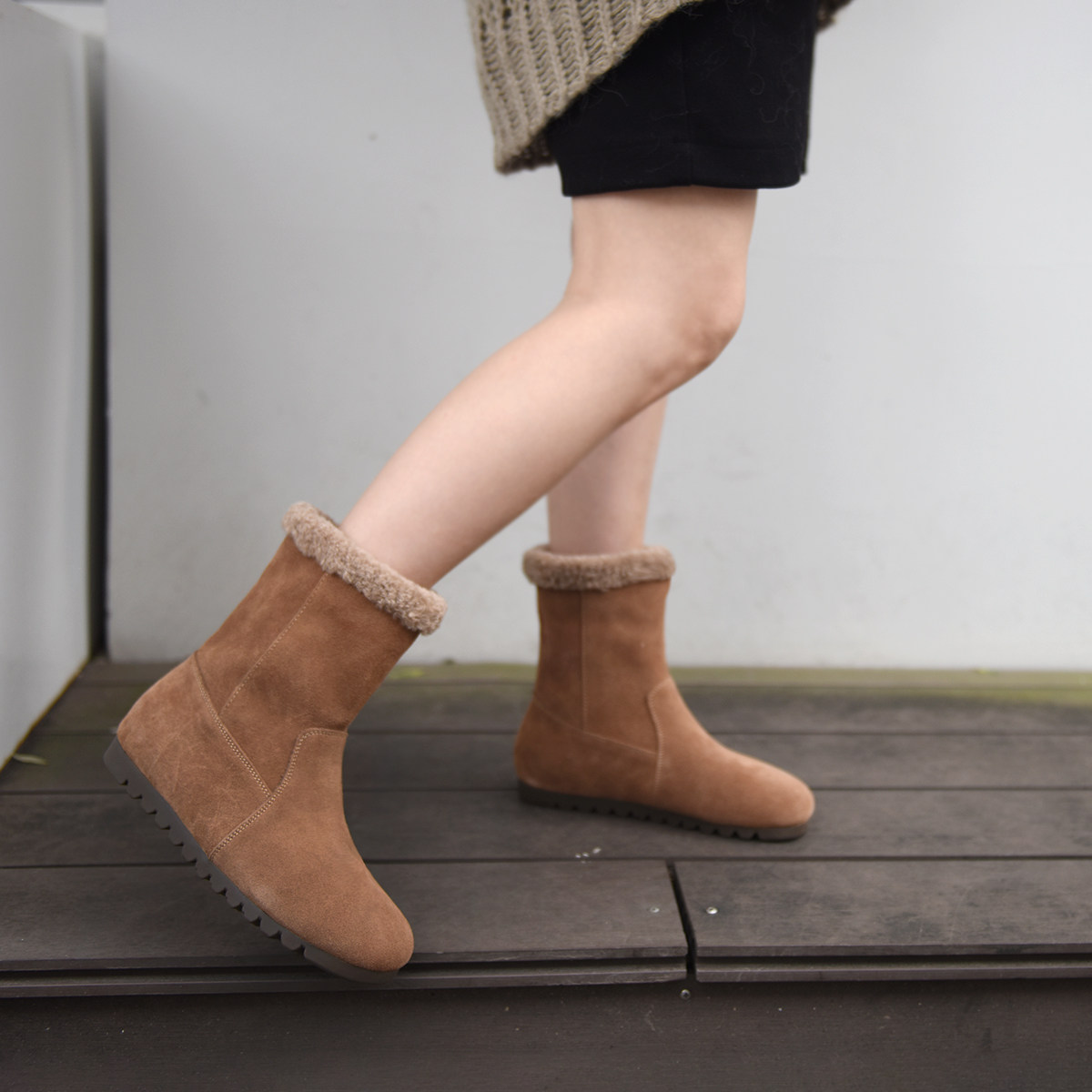 真皮东北雪地靴博肯靴子平底