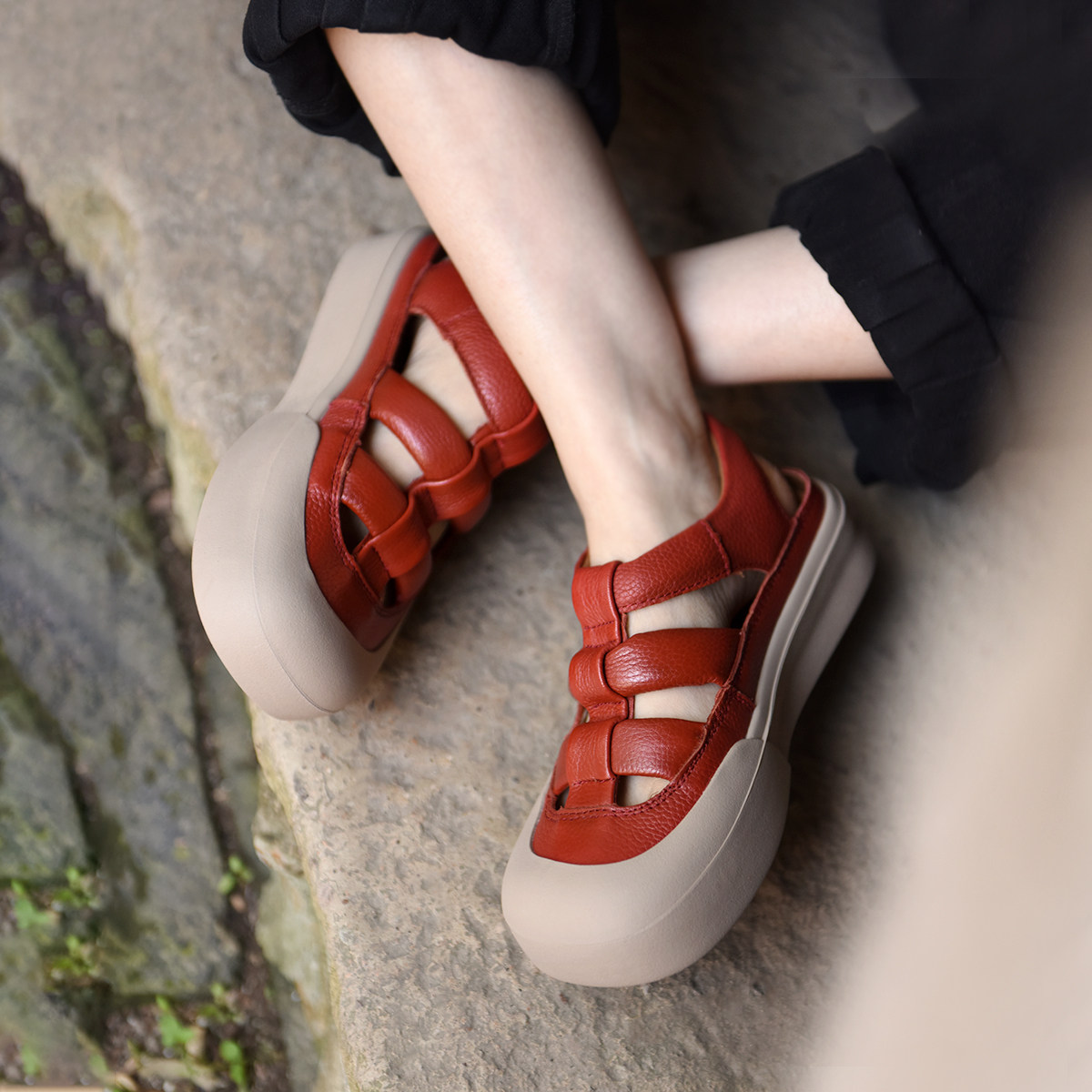 Artmu阿木厚底休闲包头凉鞋女镂空猪笼鞋罗马凉鞋女