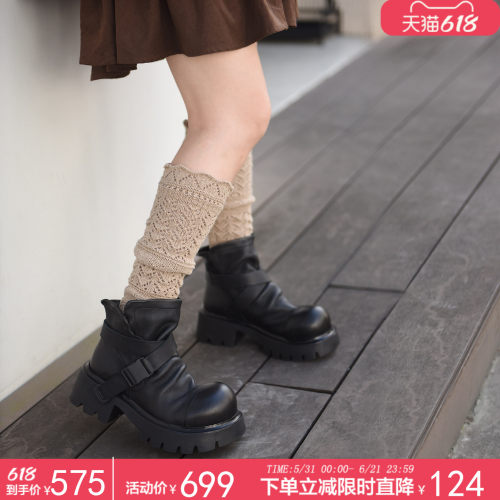 头层牛皮短靴百搭黑色女靴子