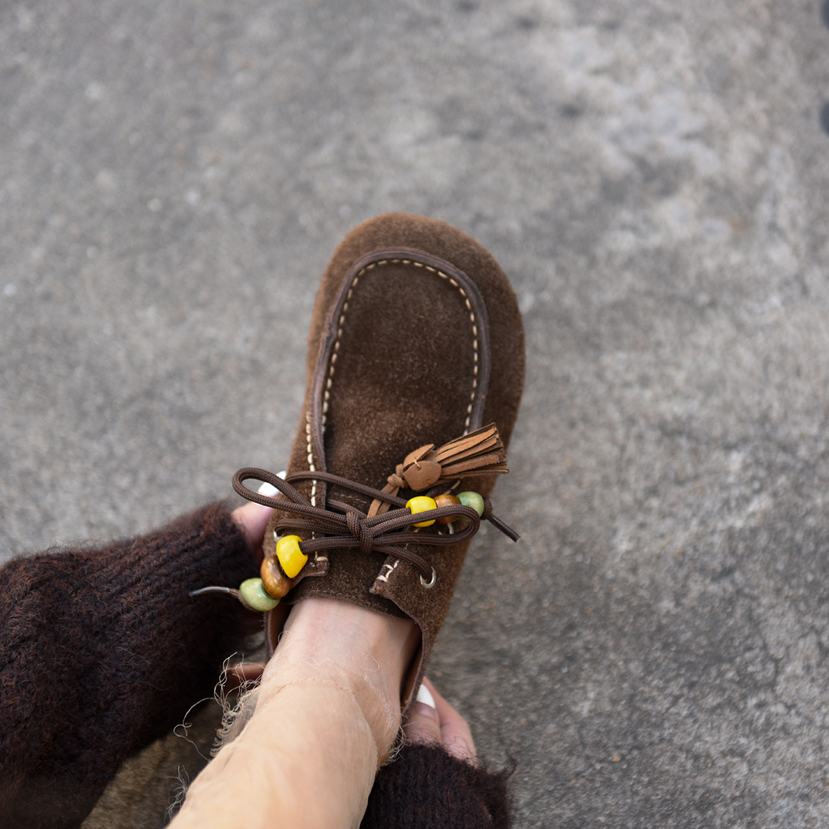 里外全皮软底懒人鞋复古串珠流苏