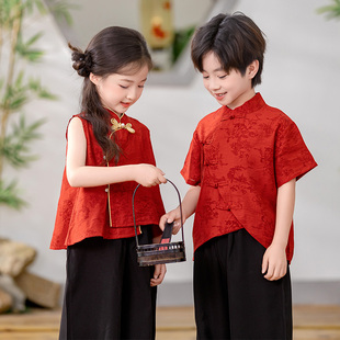 夏季薄款短袖男童汉服中国风红色唐装男孩古装新中式幼儿园演出服