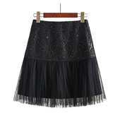 黑色蕾丝亮片网纱半身裙女高腰A字百搭蓬蓬短裙时尚 女裙